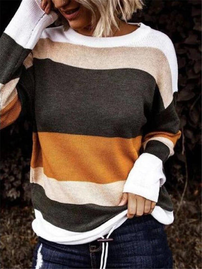 Casual Style Round Neck Contrasting Striped Knitted Sweater Shopvhs.com