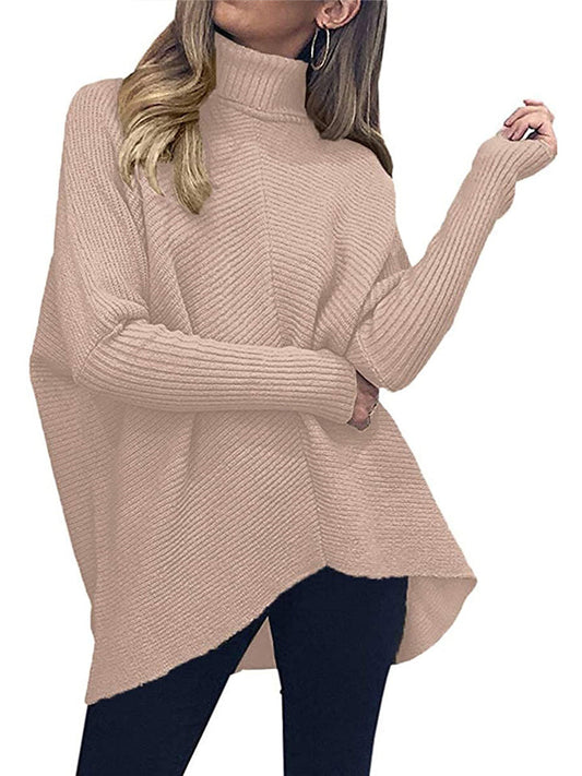 Casual Style Turtleneck Ribbed Knit High-Low Hem Pullover Sweater Shopvhs.com