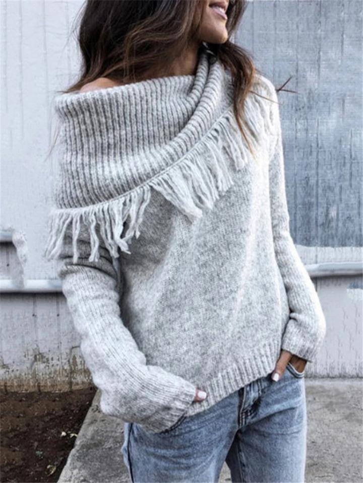 Casual Tassel Pile Neck Knitted Ribbed Solid Color Sweater Shopvhs.com