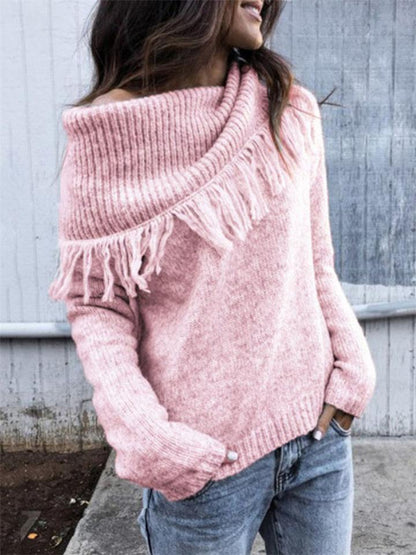 Casual Tassel Pile Neck Knitted Ribbed Solid Color Sweater Shopvhs.com