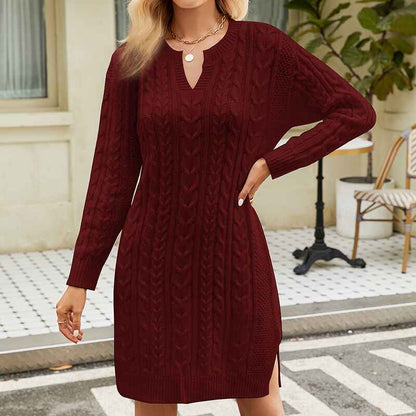 White-Women-Casual-V-Neck-Knitted-Sweater-Dress-Long-Sleeve-Loose-Solid-Color-Hem-Slit-Sweater-Dresses-K577-Front-4