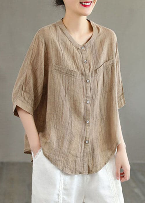 Classy Khaki O-Neck Button Solid Color Wrinkled Linen Shirt Top Half Sleeve GK-HTP220804