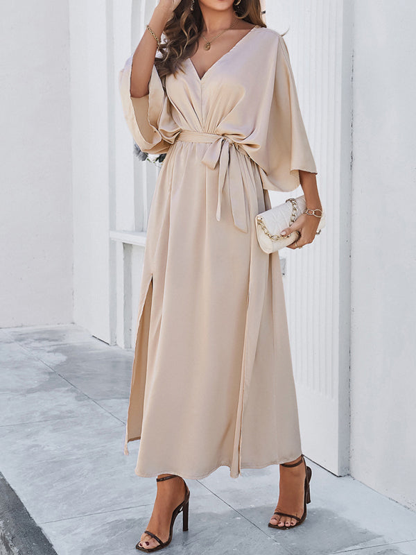 Cocktail Dresses- Cocktail Tie-Belt V-Open Back Kaftan Maxi Dress in Satin Finish- - Chuzko Women Clothing