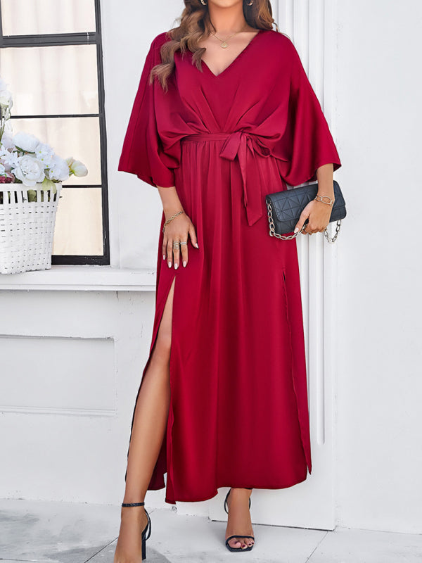 Cocktail Dresses- Cocktail Tie-Belt V-Open Back Kaftan Maxi Dress in Satin Finish- - Chuzko Women Clothing