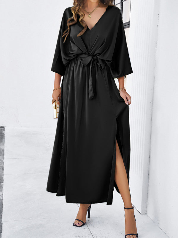 Cocktail Dresses- Cocktail Tie-Belt V-Open Back Kaftan Maxi Dress in Satin Finish- - Chuzko Women Clothing