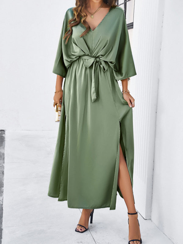 Cocktail Dresses- Cocktail Tie-Belt V-Open Back Kaftan Maxi Dress in Satin Finish- - Chuzko Women Clothing