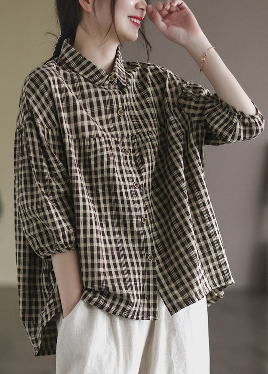 Coffee Plaid Patchwork Linen Shirt Button Half Sleeve GK-HTP220506