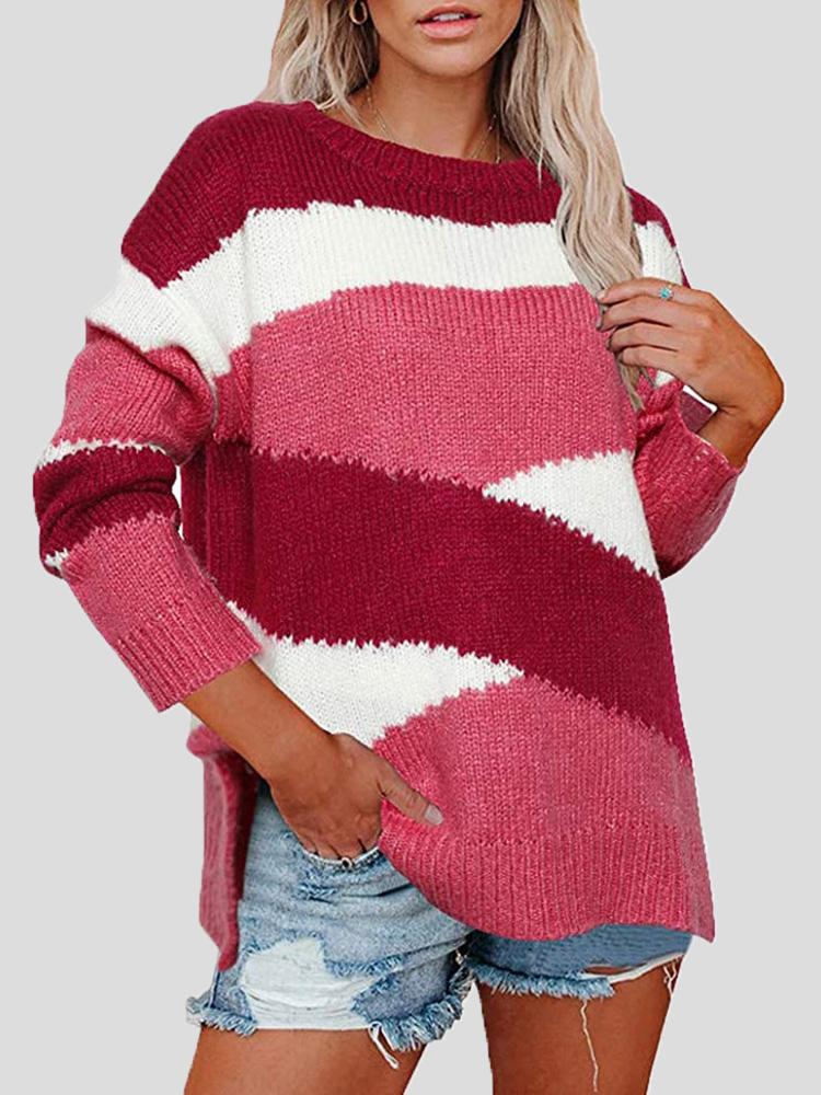 Colorblock Striped Irregular Long Sleeve Sweater Shopvhs.com