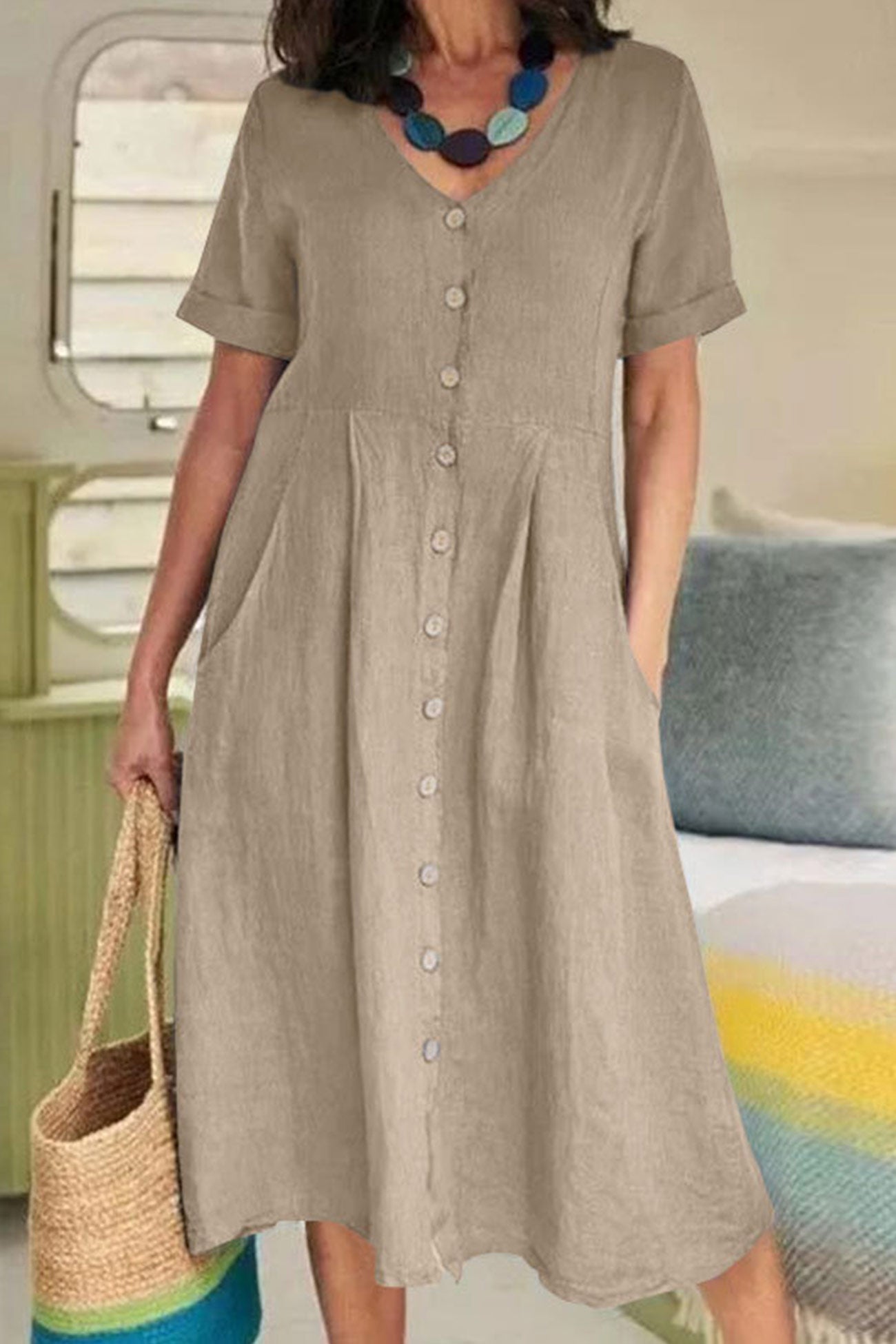 Agatha® | Cotton Linen Button-down Midi Dress