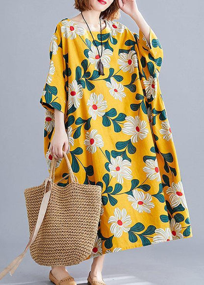 DIY o neck pockets linen cotton dress Tunic Tops yellow print Dresses - SooLinen