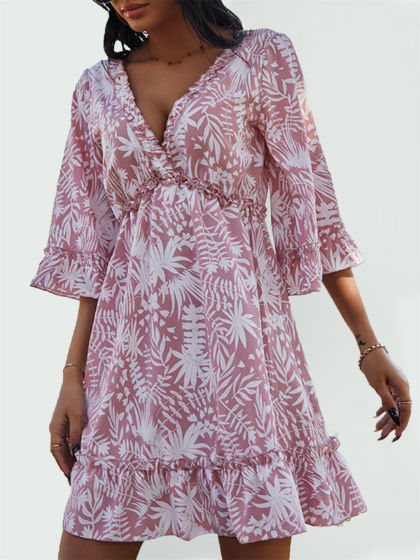 Dress- Boho Floral Tiered Open-Back Ruffle Mini Dress with 3/4 Sleeve- - Pekosa Women Clothing