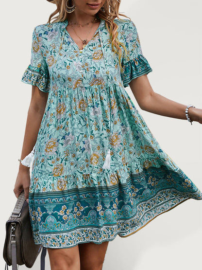 Dress- Boho Paisley Ruffle Short Sleeve Flowy Mini Dress- - Pekosa Women Clothing