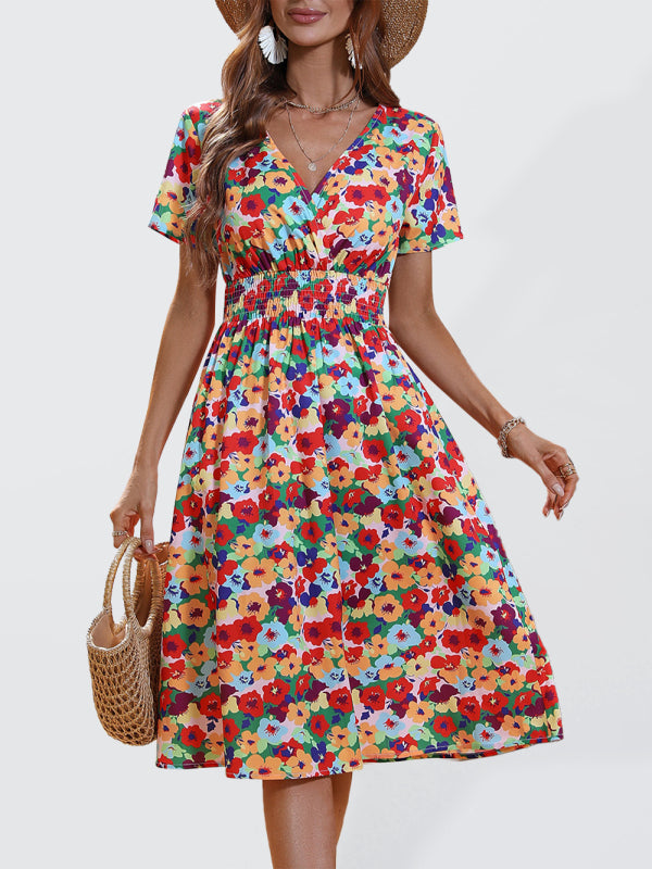 Dress- Floral Print Summer Surplice V-Neck Dress with Smocked Waist- - Pekosa Women Clothing