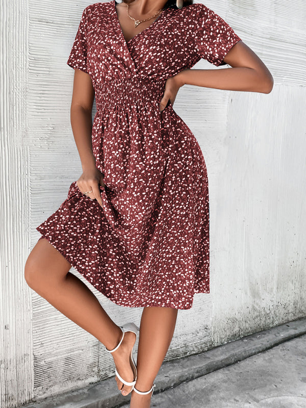 Dress- Floral Print Summer Surplice V-Neck Dress with Smocked Waist- - Pekosa Women Clothing