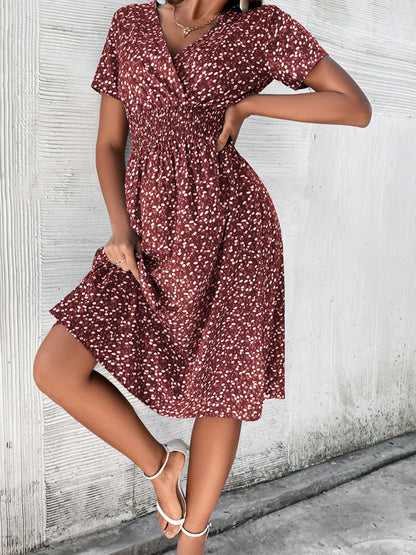 Dress- Floral Print Summer Surplice V-Neck Dress with Smocked Waist- - Pekosa Women Clothing