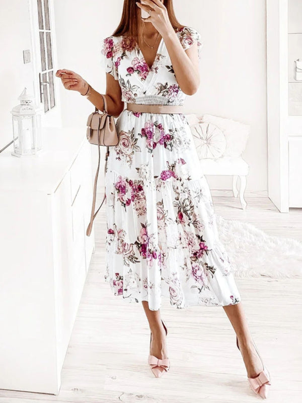 Dress- Floral Surplice V-Neck Smocked Waist Midi Dress Without belt- - Pekosa Women Clothing