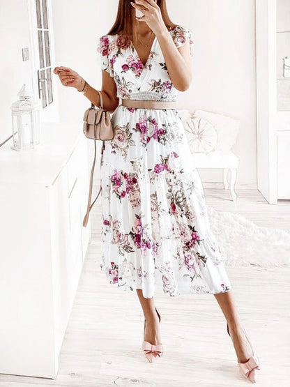 Dress- Floral Surplice V-Neck Smocked Waist Midi Dress Without belt- - Pekosa Women Clothing