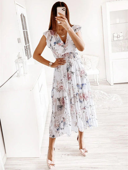 Dress- Floral Surplice V-Neck Smocked Waist Midi Dress Without belt- - Pekosa Women Clothing