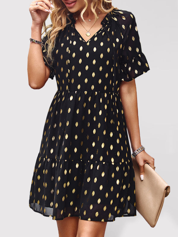 Dress- Golden Polka Dot Mini Dress: The Summer Must-Have!- - Pekosa Women Clothing