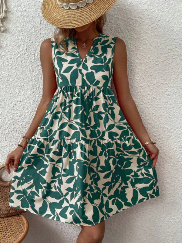 Dress- Leafy Tiered Ruffle Leaf Print Tank Dress- - Pekosa Women Clothing