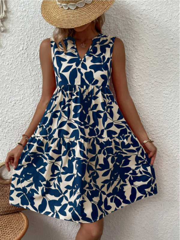 Dress- Leafy Tiered Ruffle Leaf Print Tank Dress- - Pekosa Women Clothing