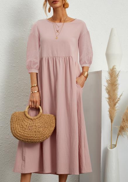 Dress- Solid Flowy Round Neck 3/4 Sleeve Midi Dress- Pink- Pekosa Women Clothing