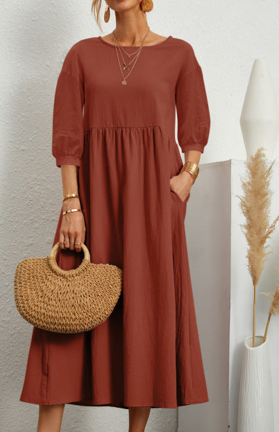 Dress- Solid Flowy Round Neck 3/4 Sleeve Midi Dress- Brown- Pekosa Women Clothing