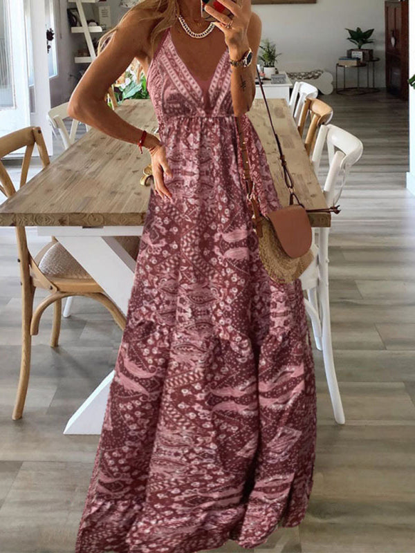 Dress- Summer Vacation Boho Tiered Cami Maxi Dress- - Pekosa Women Clothing