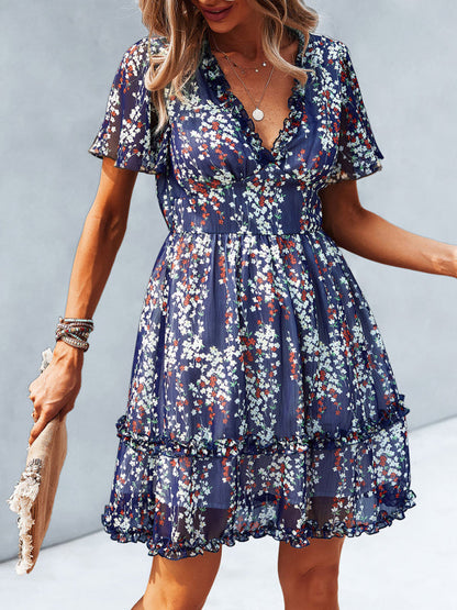 Dress- Tiered Ruffle Floral Mini Dress- - Pekosa Women Clothing