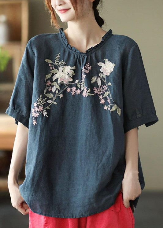 Elegant Navy Ruffled Embroideried Summer Linen Shirt GK-HTP210721