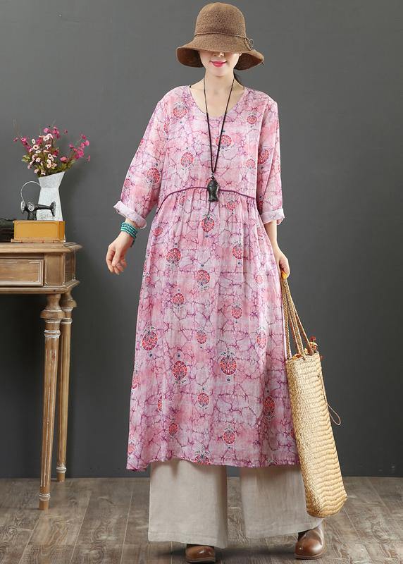 Elegant O Neck Cinched Spring Tunics Photography Pink Print Maxi Dresses - SooLinen