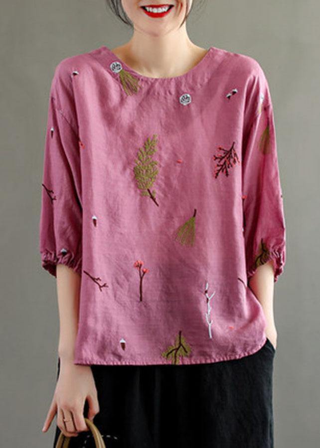 Elegant Pink O-Neck Embroideried Summer Linen Blouses - SooLinen