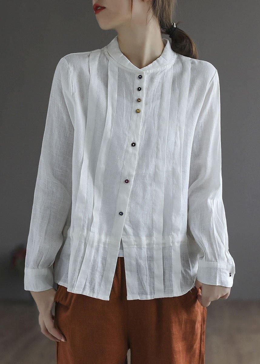 Elegant White Linen Retro Wrinkled Fall Tie Waist Long Sleeve Shirt Tops GK-LTP210810