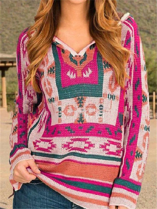 Ethnic Style Geometry Printing Longsleeve Hooded Patchwork Knitting Sweater Shopvhs.com