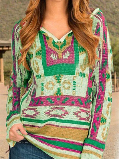 Ethnic Style Geometry Printing Longsleeve Hooded Patchwork Knitting Sweater Shopvhs.com