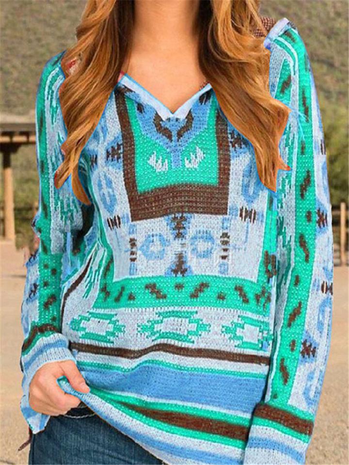 Ethnic Style Geometry Printing Longsleeve Hooded Patchwork Knitting Sweater Shopvhs.com