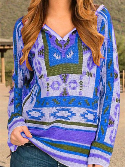 Ethnic Style Geometry Printing Longsleeve Hooded Patchwork Knitting Sweater Shopvhs.com