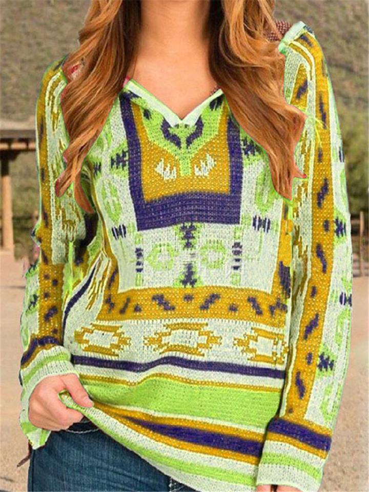 Ethnic Style Geometry Printing Longsleeve Hooded Patchwork Knitting Sweater Shopvhs.com