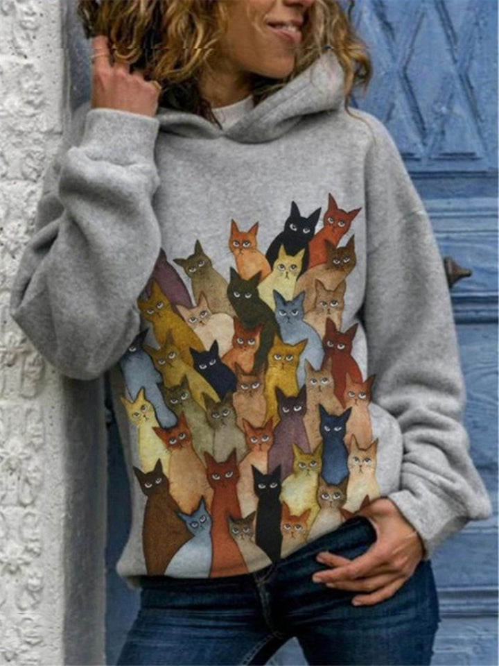 Extra Cozy Cats Printed Long Sleeve Hooded Sweatshirt Shopvhs.com