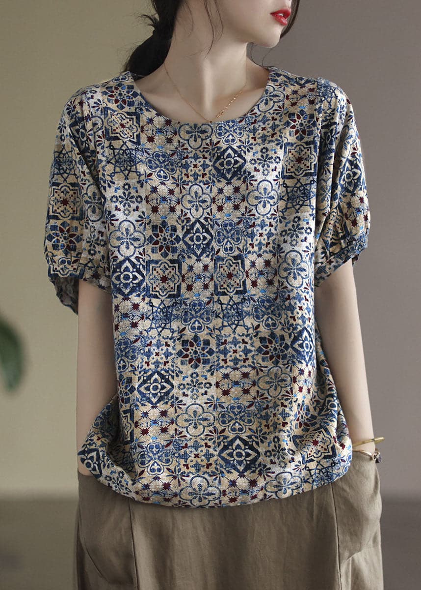 Fashion Blue O-Neck Original Design Print Linen Tank Short Sleeve GK-STP220509