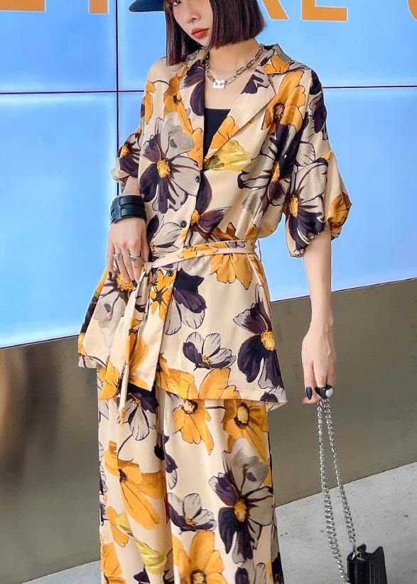 Fashion Yellow Print Two Piece Suit - SooLinen