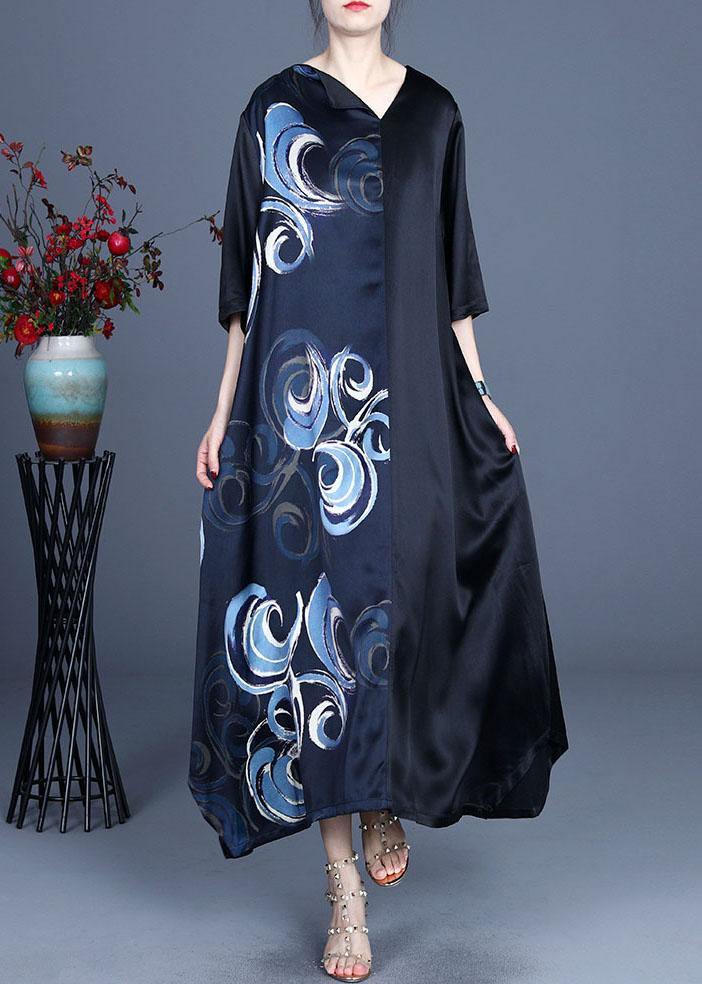 Fine Blue V Neck Asymmetrical Design Summer Silk  Ankle Dress - SooLinen