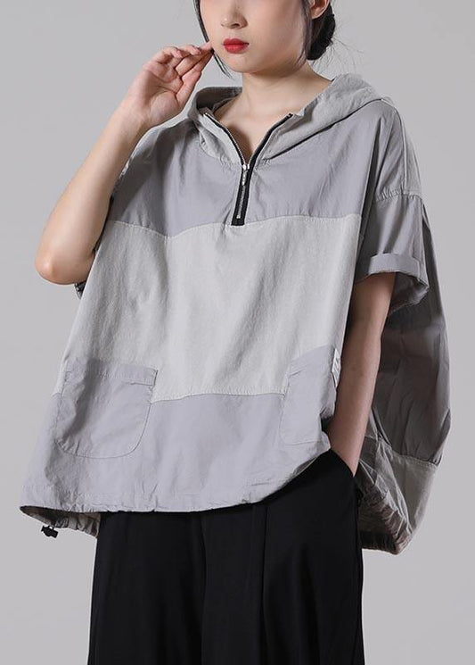 Fine Light Grey zippered Patchwork Cotton T Shirt Summer - SooLinen