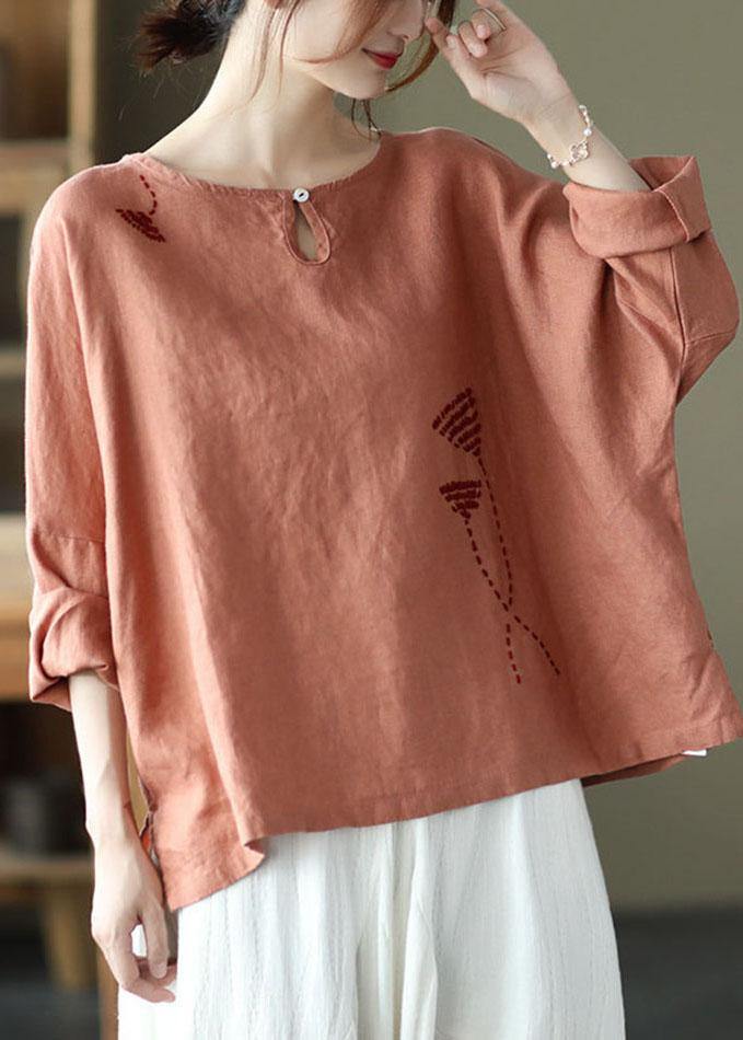 Fine Pink Oriental Retro O-Neck Fall Linen Long Sleeve Blouse Tops - SooLinen