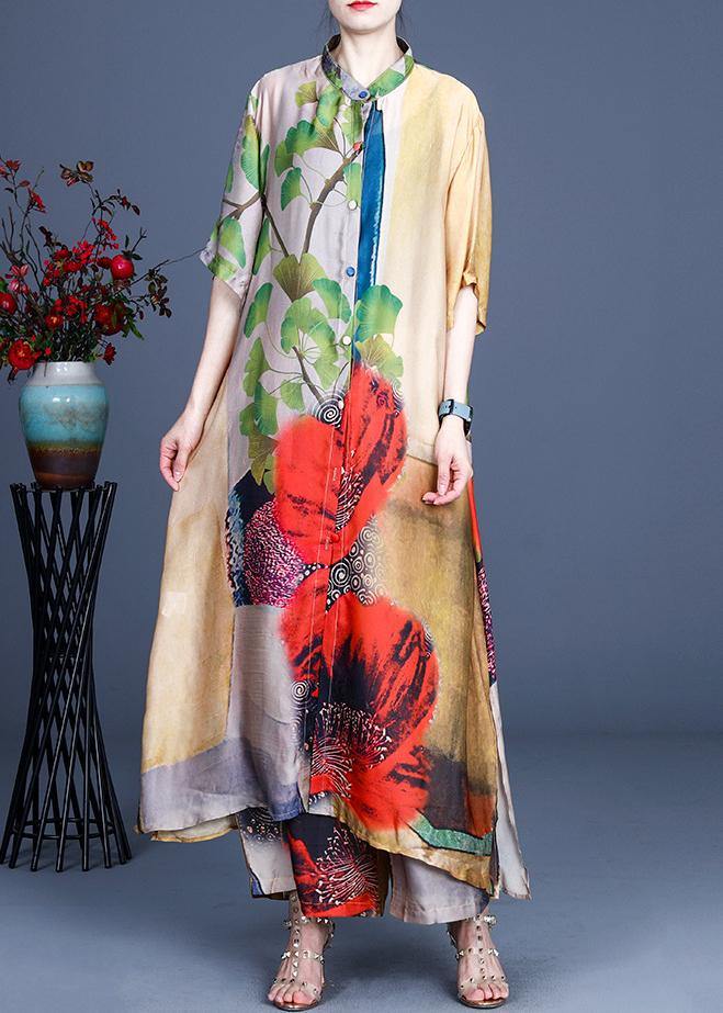 Fitted Yellow Print long Silk Summer Women Sets two Pieces - SooLinen