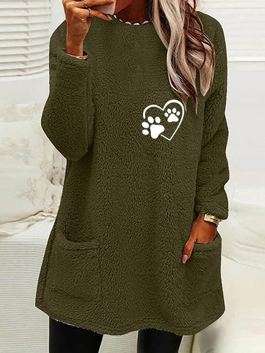 Fleece Sweaters- Plush Mid-Length Sweater Featuring Dog Paw Print & Handy Pockets- Olive green- IndioGear Clothing and Gear