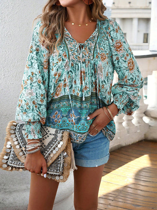 Floral Blouses- Floral Boho-Inspired Blouse with Lantern Sleeves- - Pekosa Women Clothing