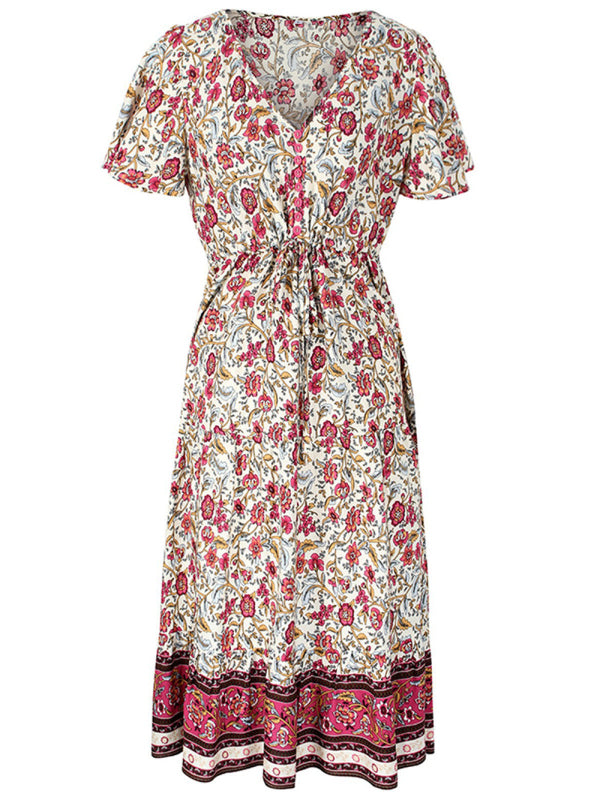 Floral Dresses- Casual Cotton Floral Short Sleeve Tie-Waist Midi Dress- - Pekosa Women Clothing