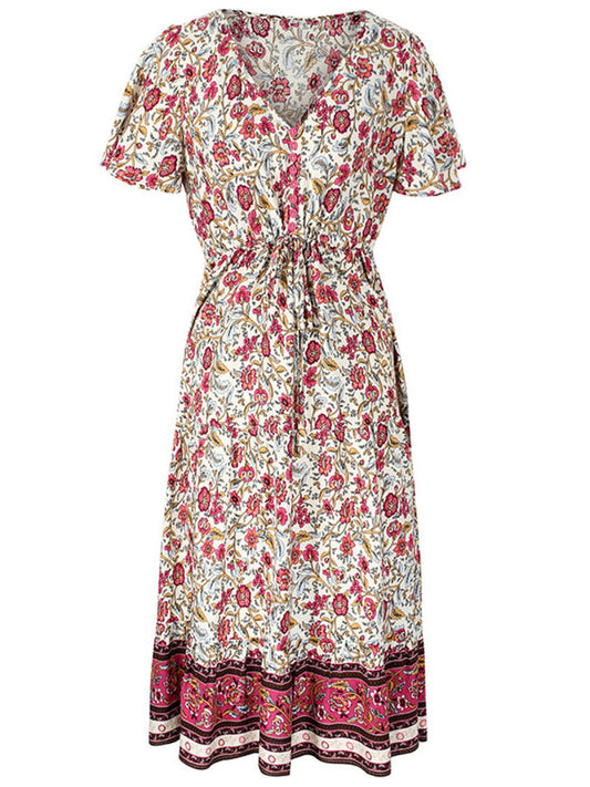 Floral Dresses- Casual Cotton Floral Short Sleeve Tie-Waist Midi Dress- - Pekosa Women Clothing