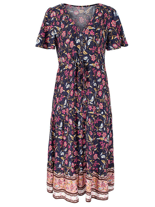 Floral Dresses- Casual Cotton Floral Short Sleeve Tie-Waist Midi Dress- - Pekosa Women Clothing